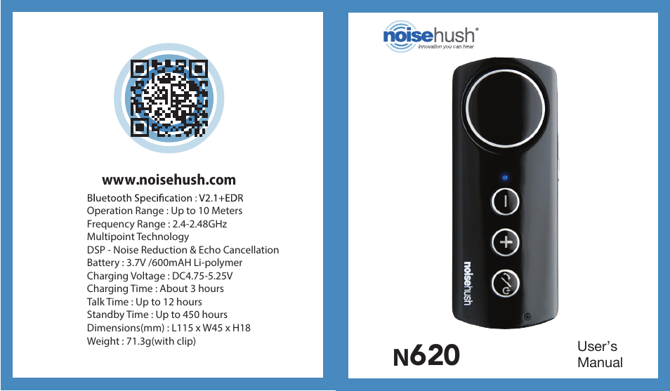 NoiseHush N620 Bluetooth Hands-free Speakerphone User Manual | 6 pages