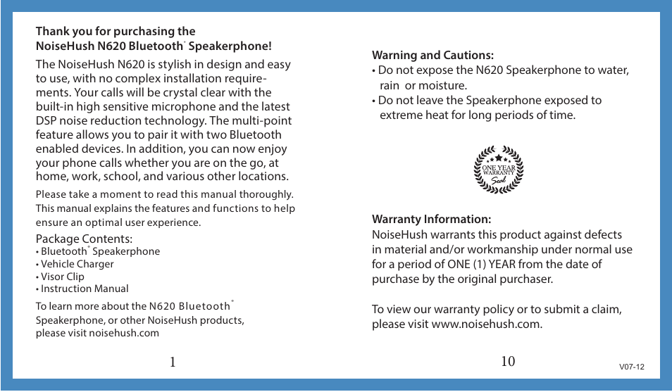 NoiseHush N620 Bluetooth Hands-free Speakerphone User Manual | Page 2 / 6
