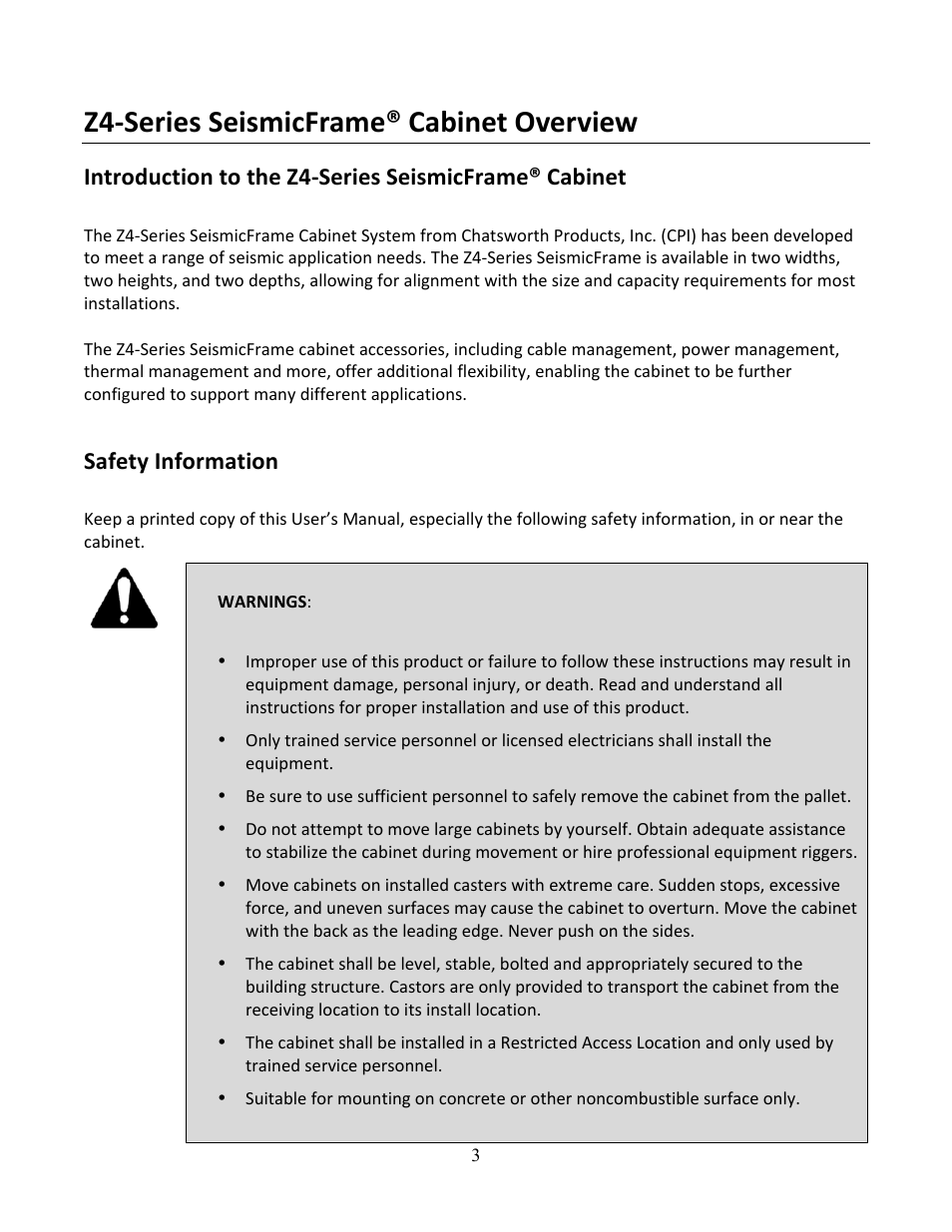 Z4-­‐series seismicframe® cabinet overview, Safety information | Chatsworth Products Z4-Series SeismicFrame® Cabinet System User Manual | Page 3 / 30