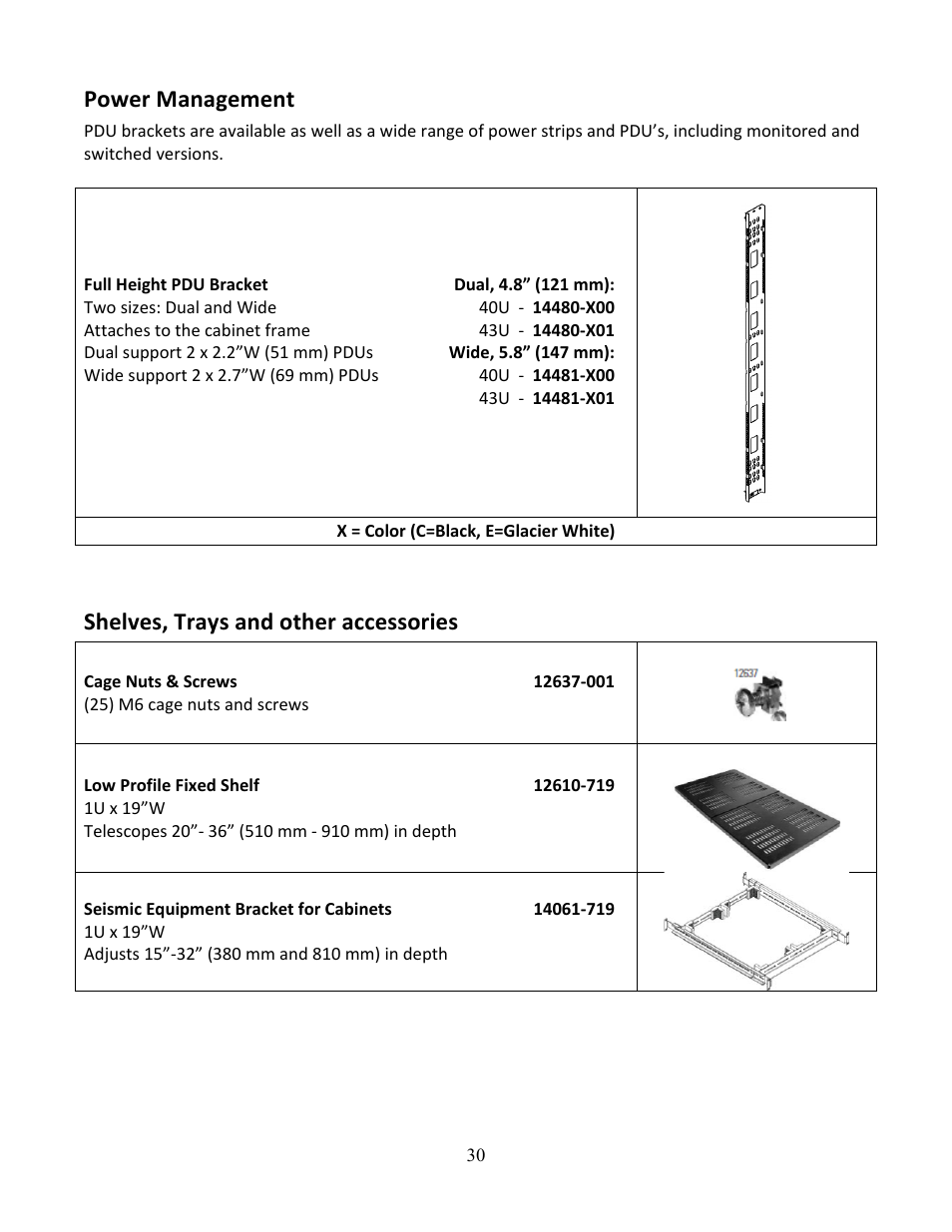 Power management, Shelves, trays and other accessories | Chatsworth Products Z4-Series SeismicFrame® Cabinet System User Manual | Page 30 / 30