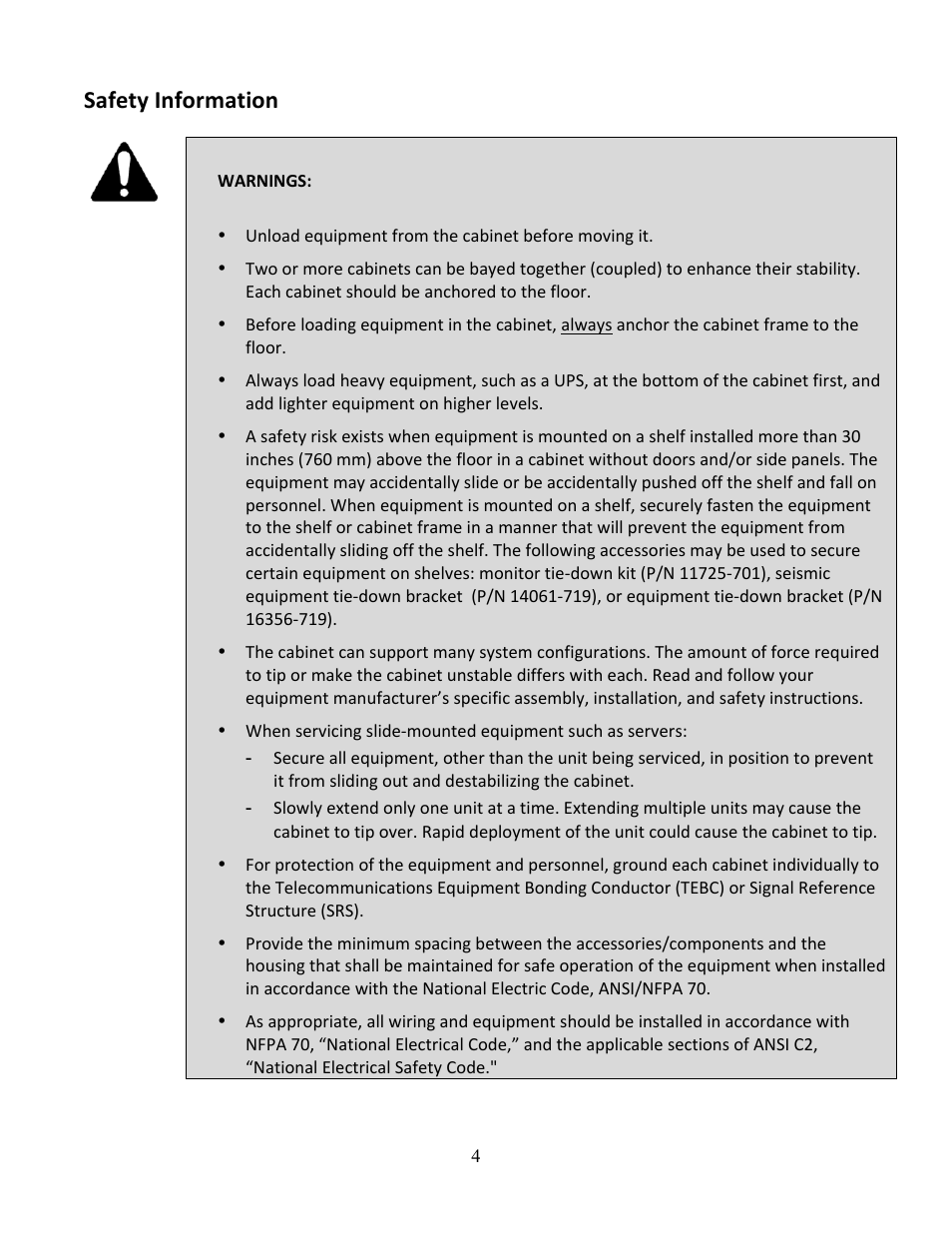 Safety information | Chatsworth Products Z4-Series SeismicFrame® Cabinet System User Manual | Page 4 / 30