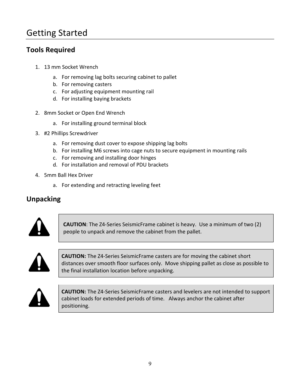 Getting started, Tools required, Unpacking | Chatsworth Products Z4-Series SeismicFrame® Cabinet System User Manual | Page 9 / 30