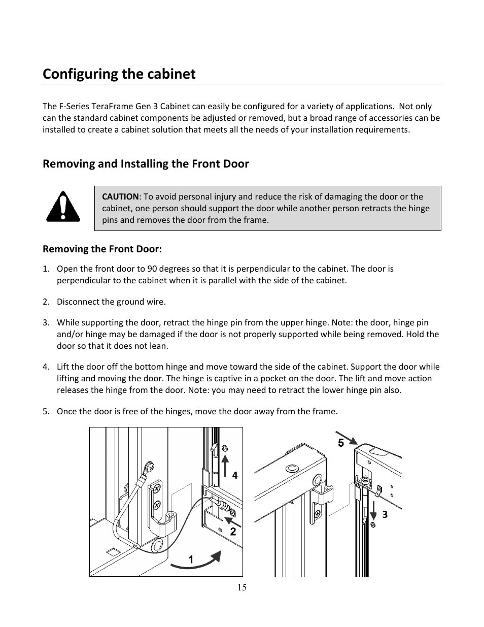 Configuring the cabinet, Removing and installing the front door | Chatsworth Products F-Series TeraFrame® Gen 3 Cabinet System User Manual | Page 15 / 32
