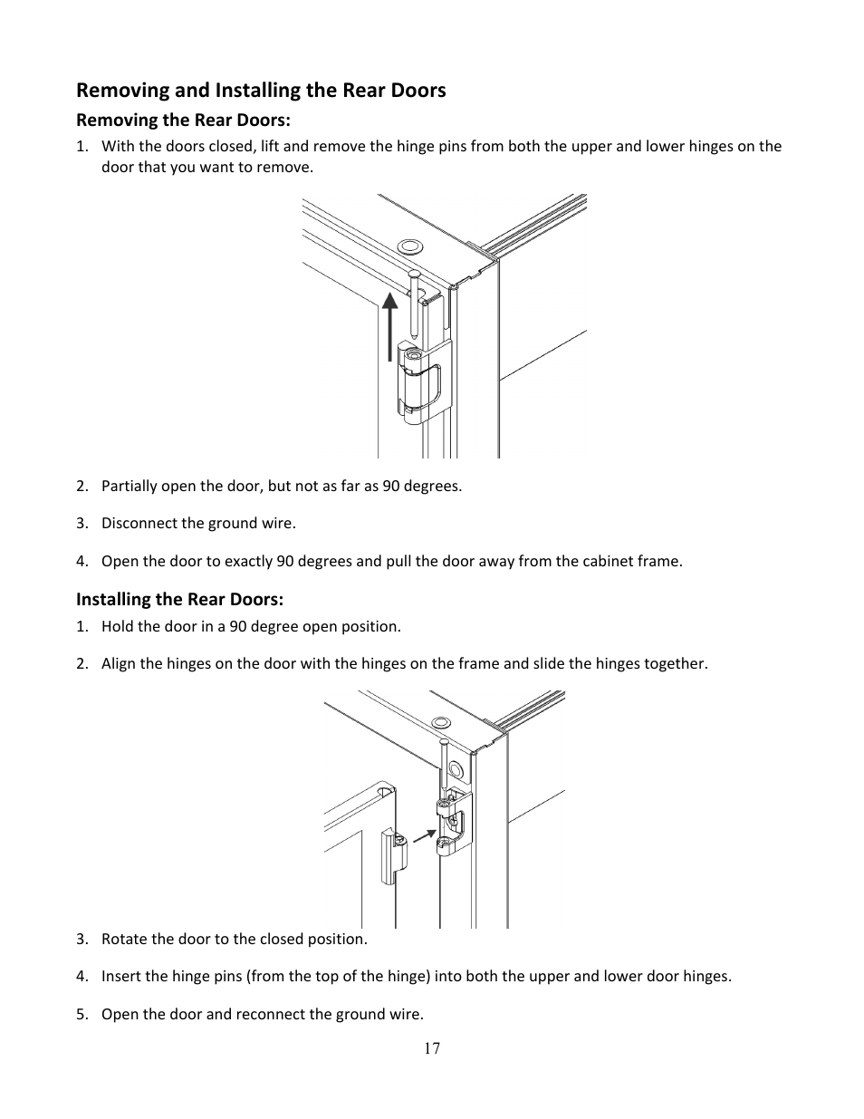 Removing and installing the rear doors | Chatsworth Products F-Series TeraFrame® Gen 3 Cabinet System User Manual | Page 17 / 32