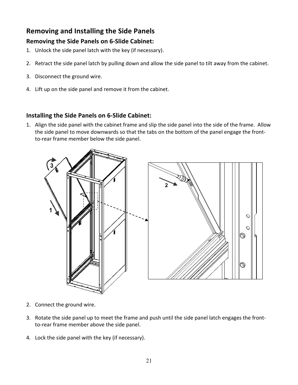 Removing and installing the side panels | Chatsworth Products F-Series TeraFrame® Gen 3 Cabinet System User Manual | Page 21 / 32