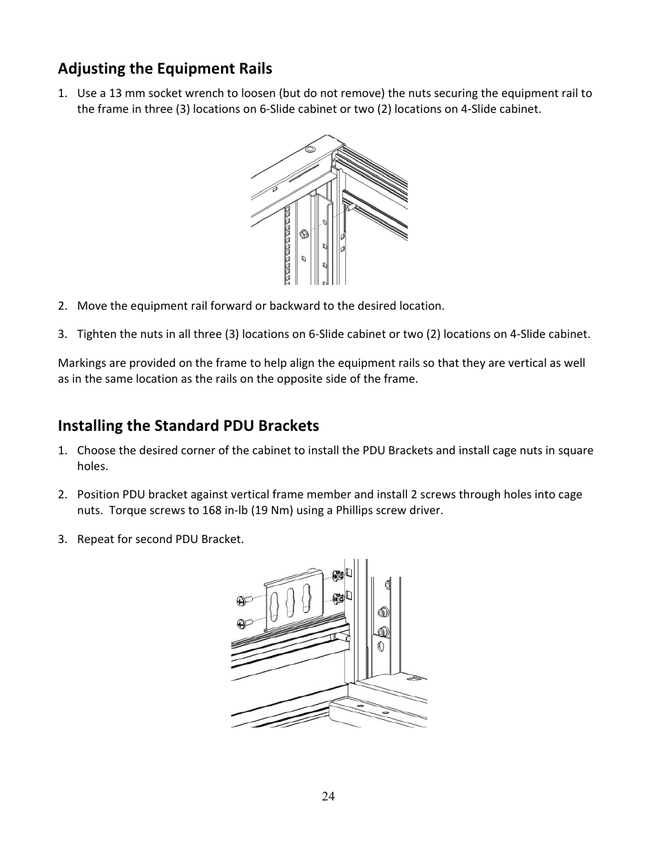 Adjusting the equipment rails, Installing the standard pdu brackets | Chatsworth Products F-Series TeraFrame® Gen 3 Cabinet System User Manual | Page 24 / 32