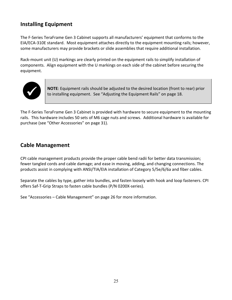 Installing equipment, Cable management | Chatsworth Products F-Series TeraFrame® Gen 3 Cabinet System User Manual | Page 25 / 32