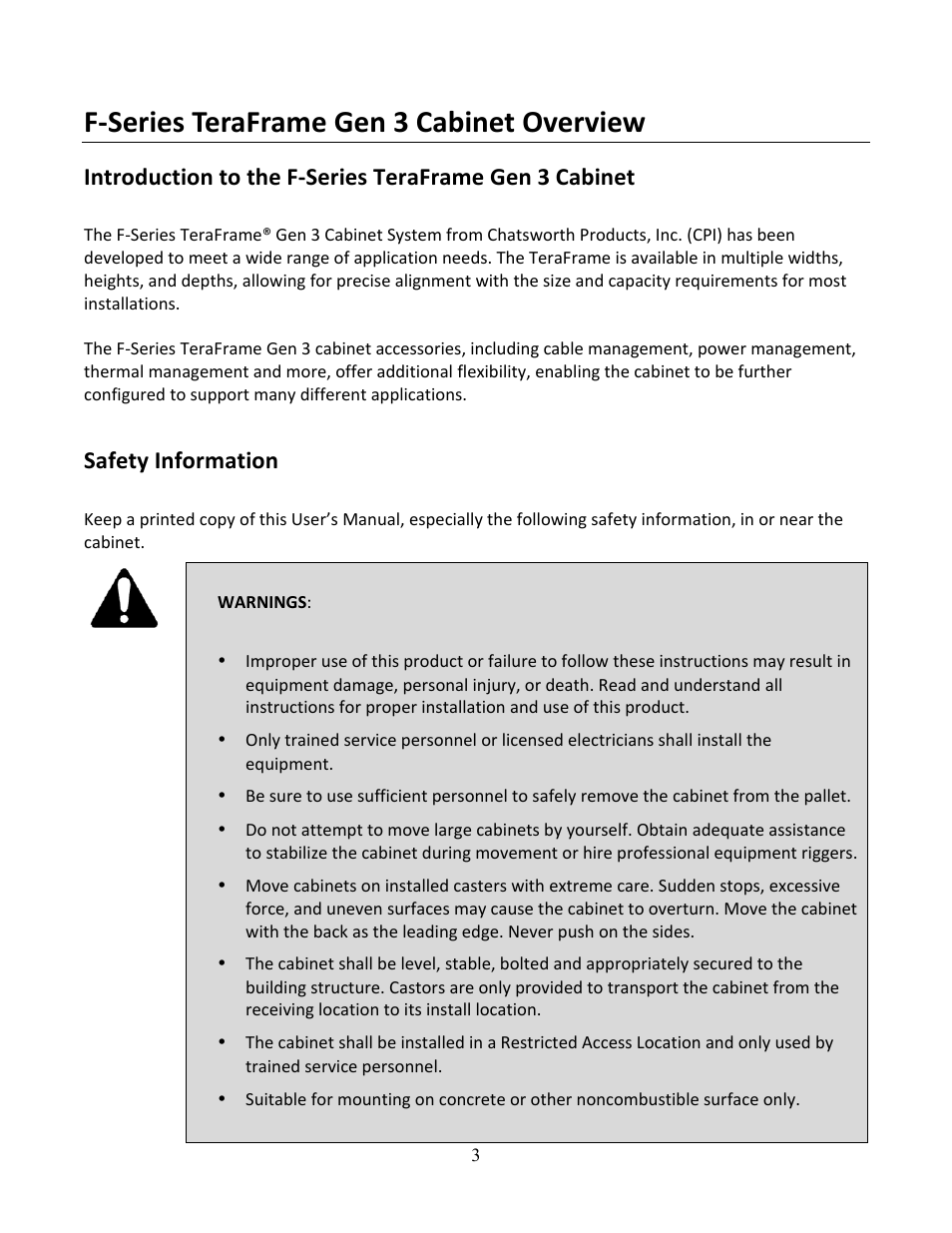 F-­‐series teraframe gen 3 cabinet overview, Safety information | Chatsworth Products F-Series TeraFrame® Gen 3 Cabinet System User Manual | Page 3 / 32