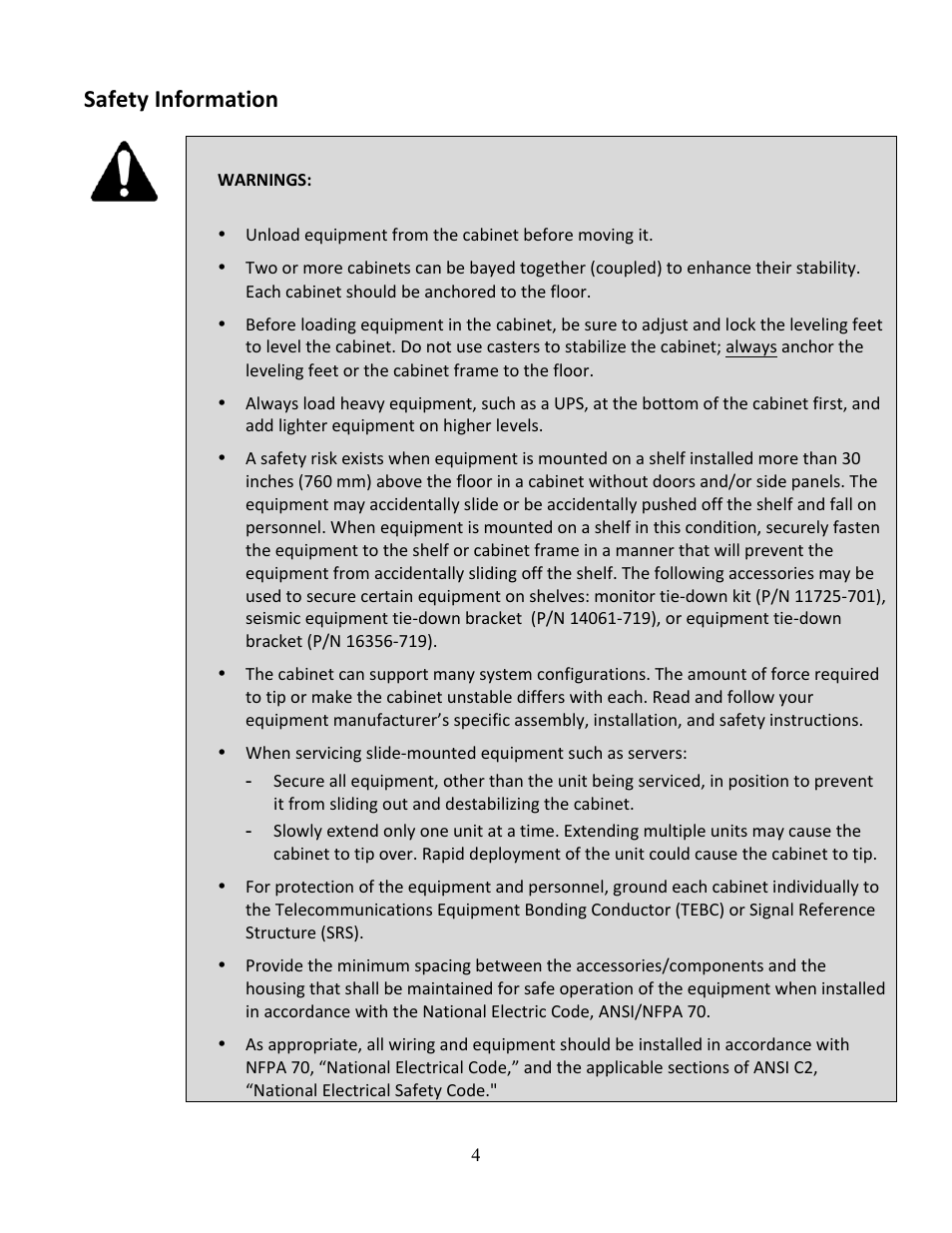 Safety information | Chatsworth Products F-Series TeraFrame® Gen 3 Cabinet System User Manual | Page 4 / 32