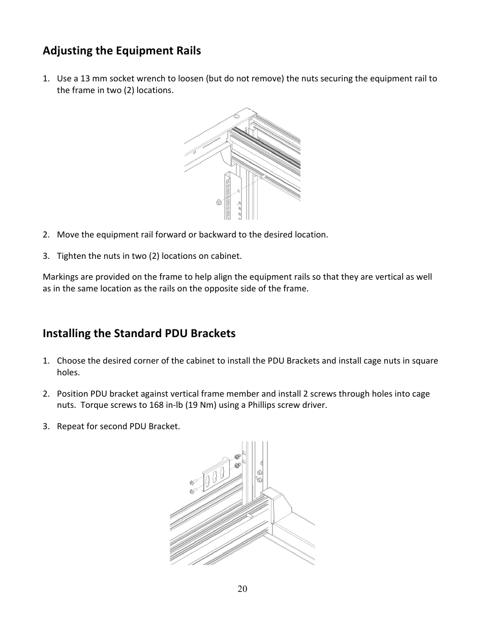 Adjusting the equipment rails, Installing the standard pdu brackets | Chatsworth Products N-Series TeraFrame® Gen 3 Network Cabinet User Manual | Page 20 / 27