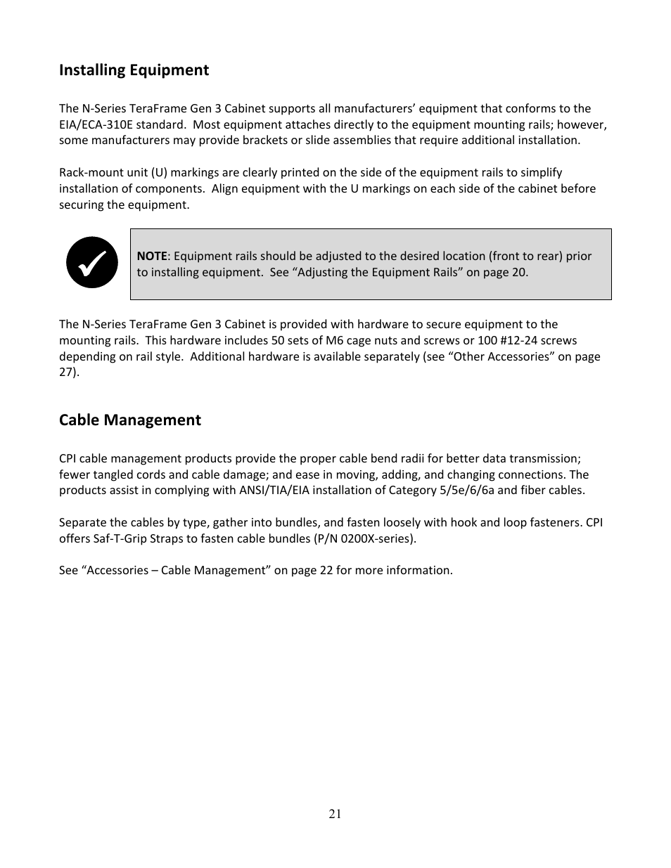 Installing equipment, Cable management | Chatsworth Products N-Series TeraFrame® Gen 3 Network Cabinet User Manual | Page 21 / 27