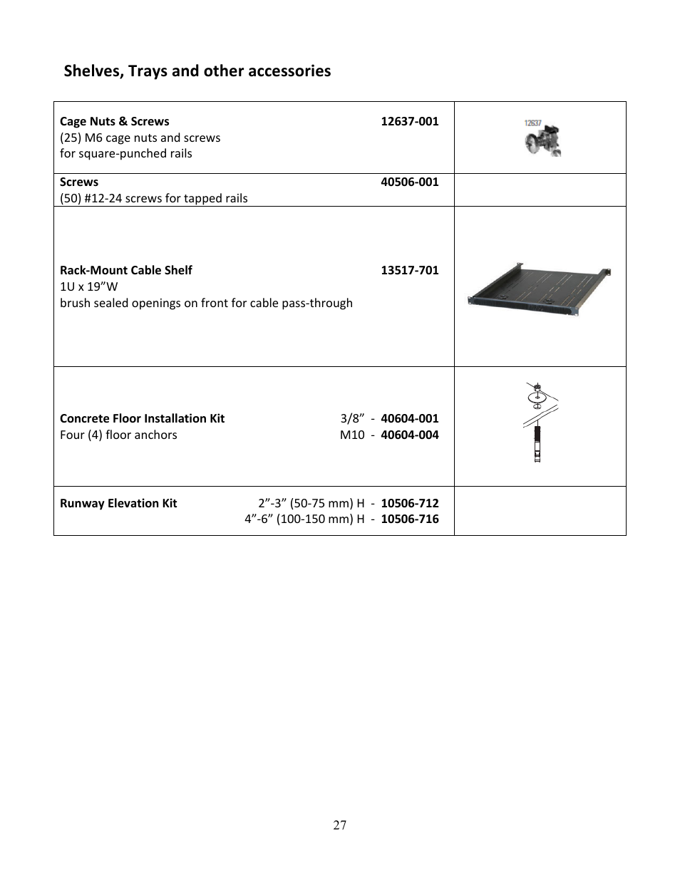 Shelves, trays and other accessories | Chatsworth Products N-Series TeraFrame® Gen 3 Network Cabinet User Manual | Page 27 / 27