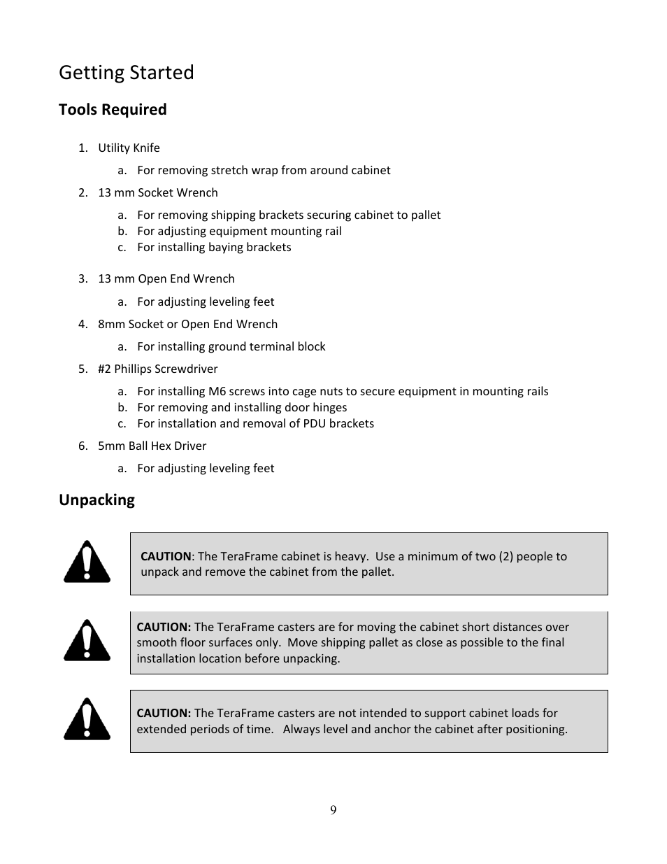 Getting started, Tools required, Unpacking | Chatsworth Products N-Series TeraFrame® Gen 3 Network Cabinet User Manual | Page 9 / 27