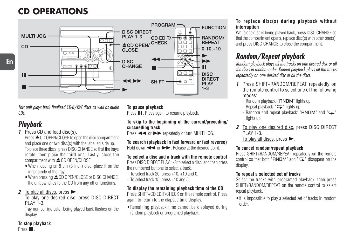 Cd operations, Playback, Random/repeat playback | 10 en | Aiwa NSX-D23 User Manual | Page 10 / 22