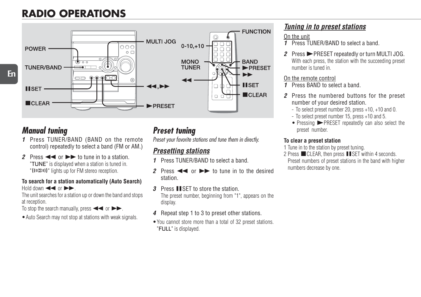 Radio operations, Manual tuning, Preset tuning | 12 en | Aiwa NSX-D23 User Manual | Page 12 / 22