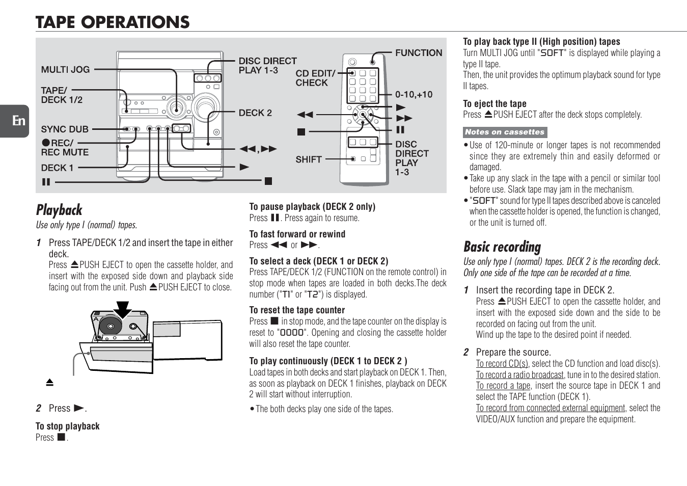 Tape operations, Playback, Basic recording | 14 en | Aiwa NSX-D23 User Manual | Page 14 / 22