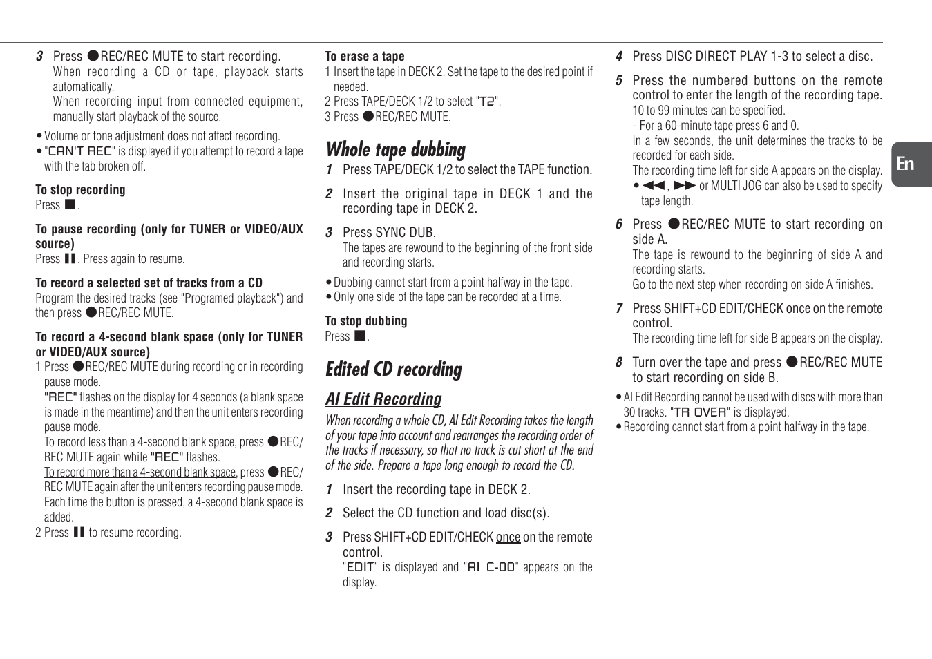 Whole tape dubbing, Edited cd recording, 15 en | Aiwa NSX-D23 User Manual | Page 15 / 22