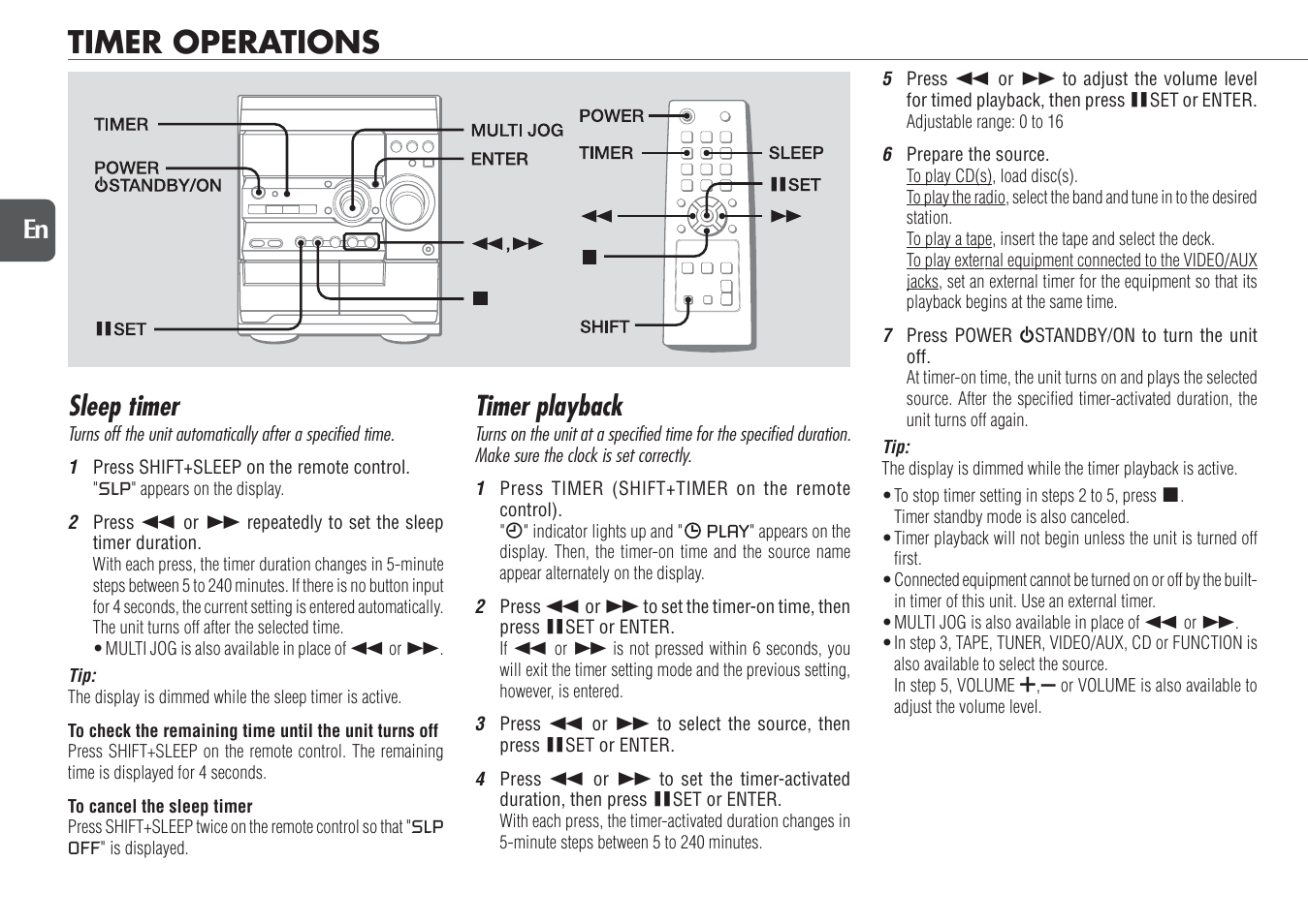 Timer operations, Sleep timer, Timer playback | 18 en | Aiwa NSX-D23 User Manual | Page 18 / 22