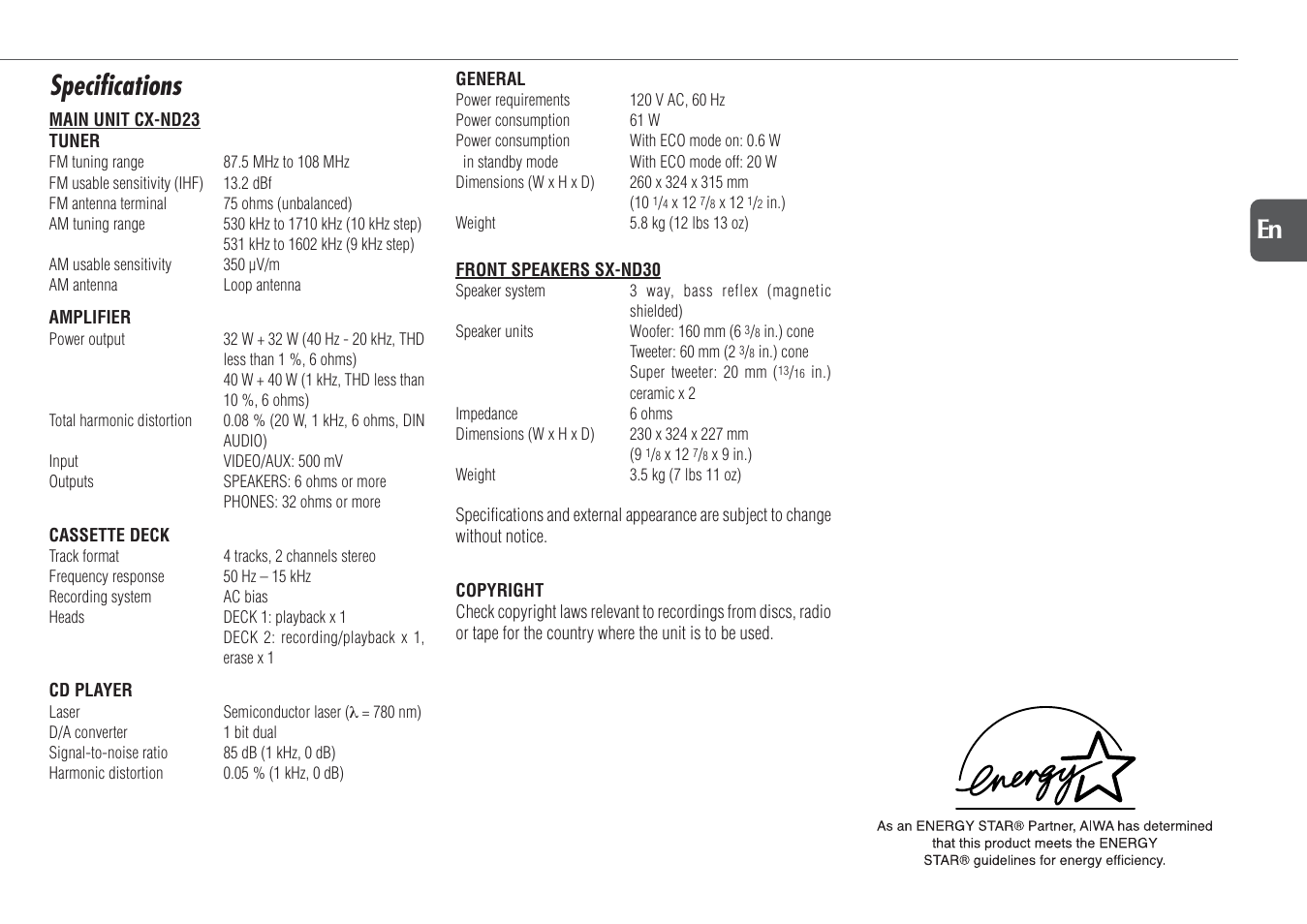 Specifications, 21 en | Aiwa NSX-D23 User Manual | Page 21 / 22
