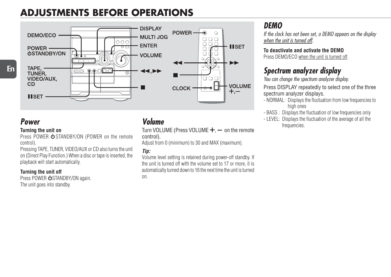 Adjustments before operations, Power, Demo | Spectrum analyzer display, Volume | Aiwa NSX-D23 User Manual | Page 8 / 22