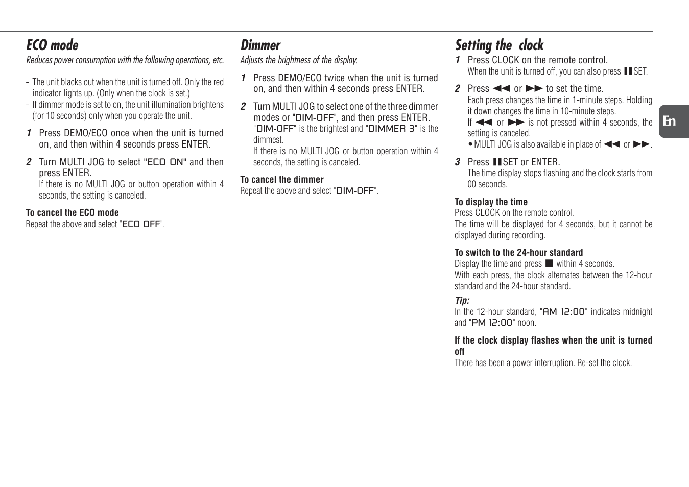 Dimmer, Setting the clock, Eco mode | Aiwa NSX-D23 User Manual | Page 9 / 22