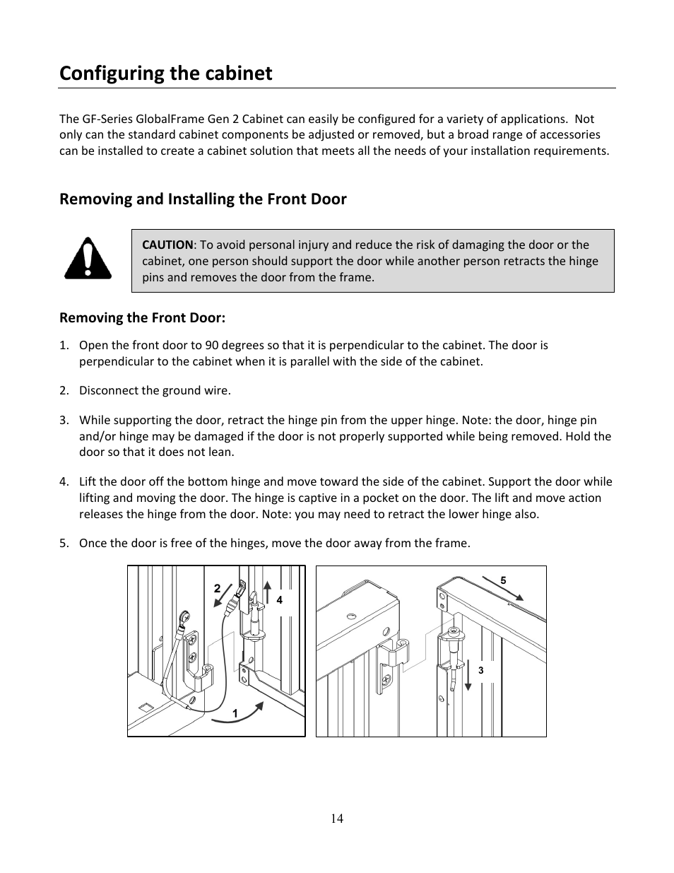 Configuring the cabinet, Removing and installing the front door | Chatsworth Products GF-Series GlobalFrame® Gen 2 Cabinet User Manual | Page 14 / 30