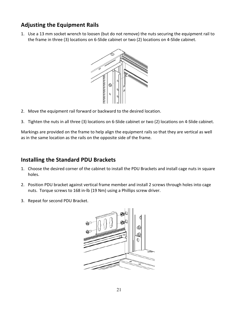 Adjusting the equipment rails, Installing the standard pdu brackets | Chatsworth Products GF-Series GlobalFrame® Gen 2 Cabinet User Manual | Page 21 / 30