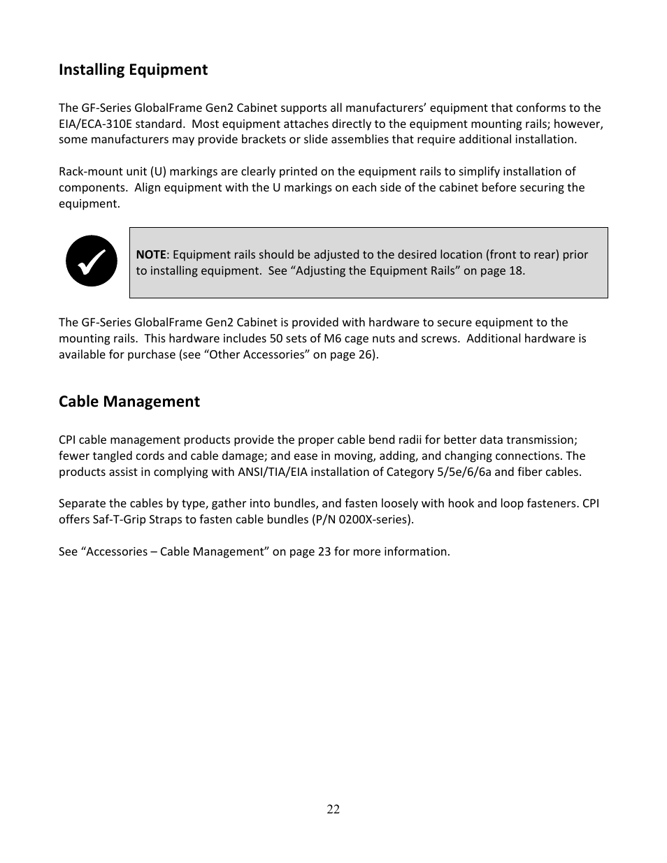 Installing equipment, Cable management | Chatsworth Products GF-Series GlobalFrame® Gen 2 Cabinet User Manual | Page 22 / 30