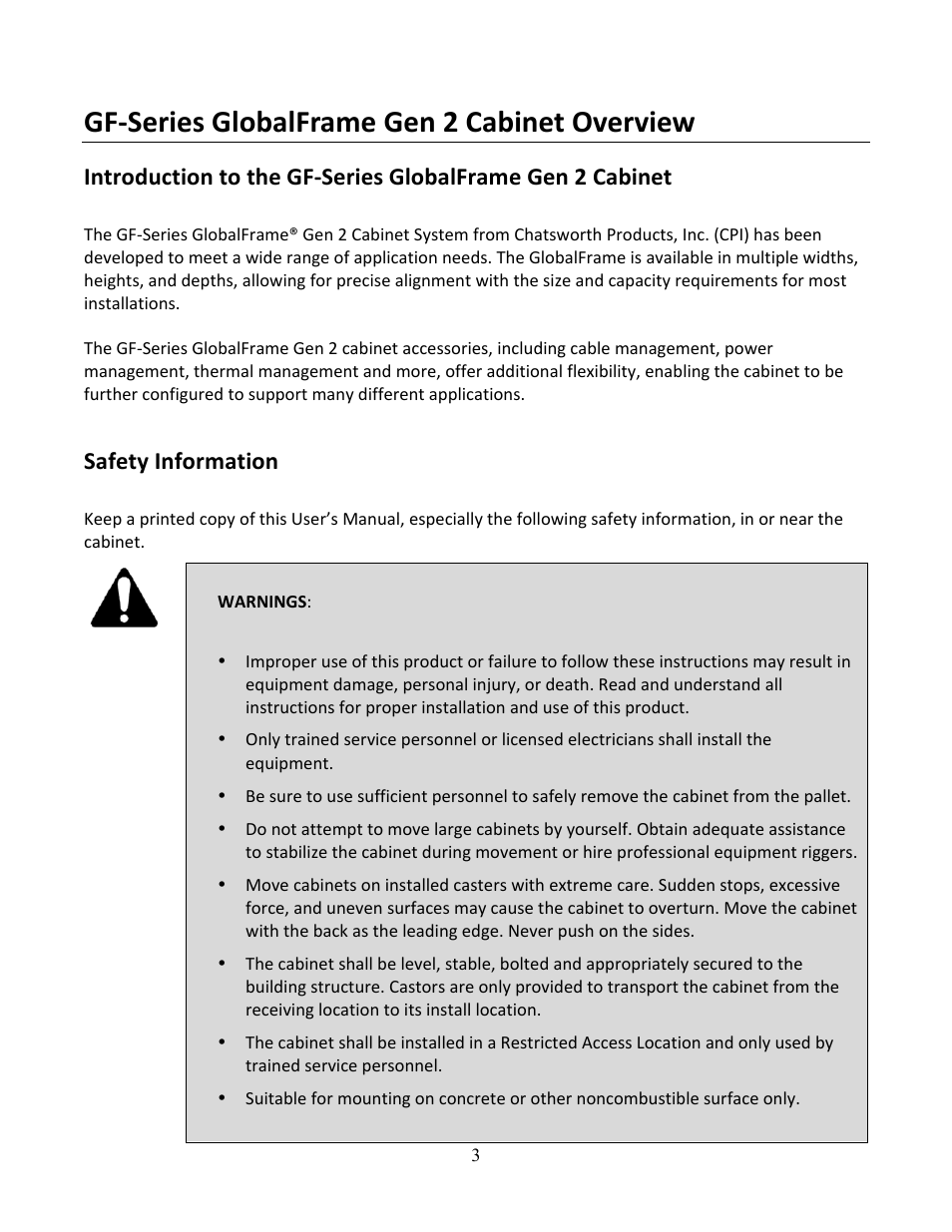 Gf-­‐series globalframe gen 2 cabinet overview, Safety information | Chatsworth Products GF-Series GlobalFrame® Gen 2 Cabinet User Manual | Page 3 / 30