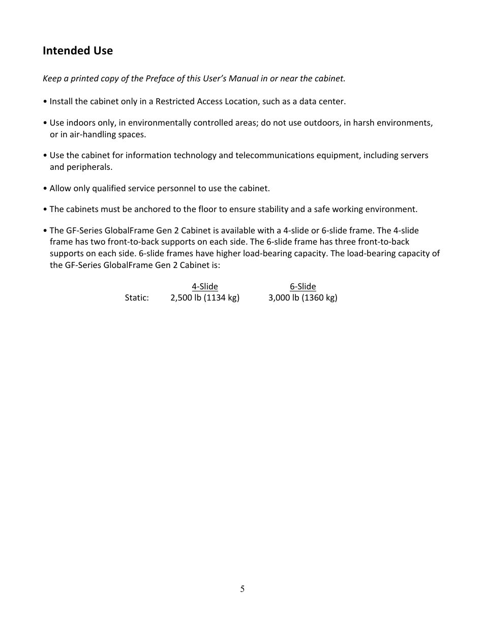 Intended use | Chatsworth Products GF-Series GlobalFrame® Gen 2 Cabinet User Manual | Page 5 / 30