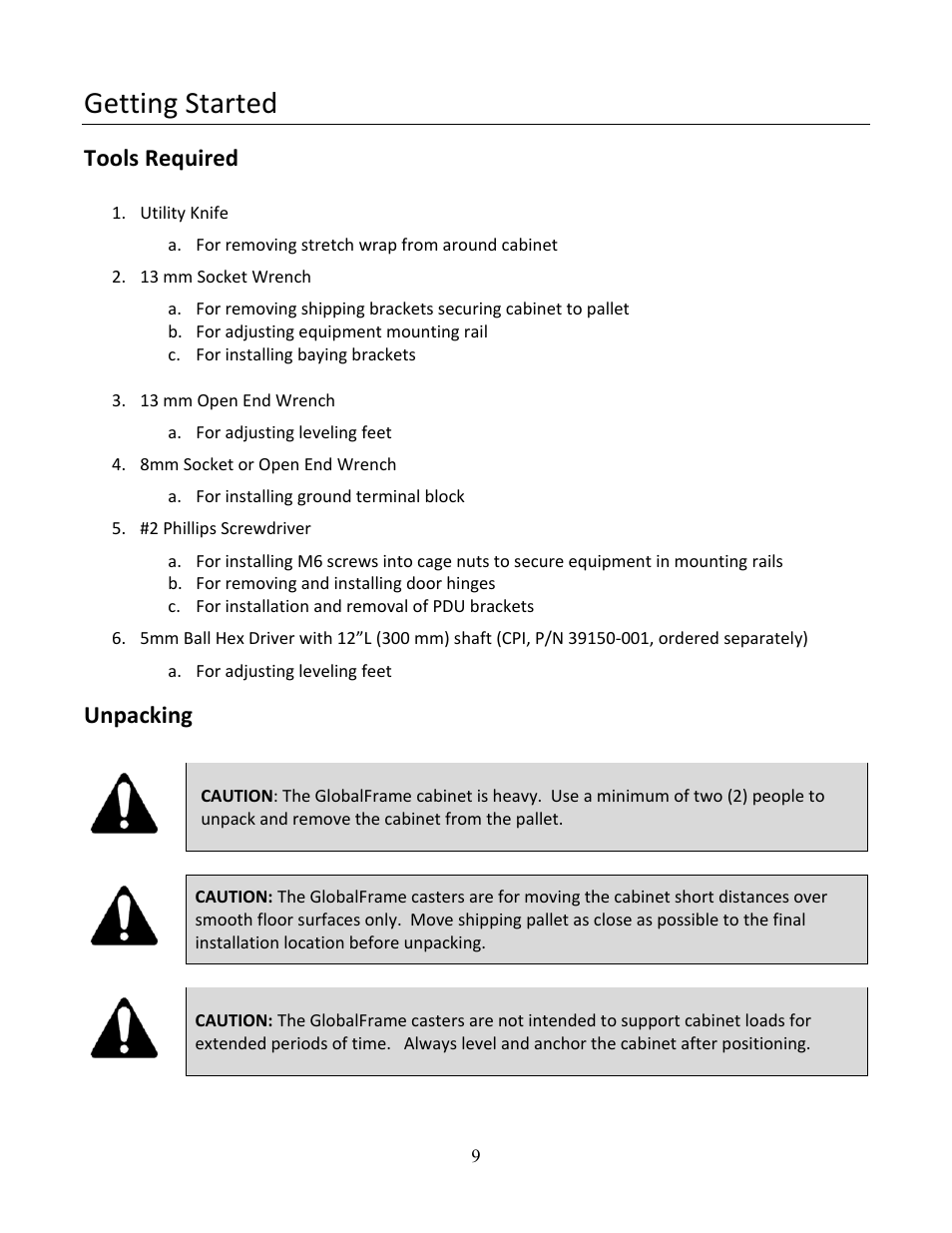 Getting started, Tools required, Unpacking | Chatsworth Products GF-Series GlobalFrame® Gen 2 Cabinet User Manual | Page 9 / 30