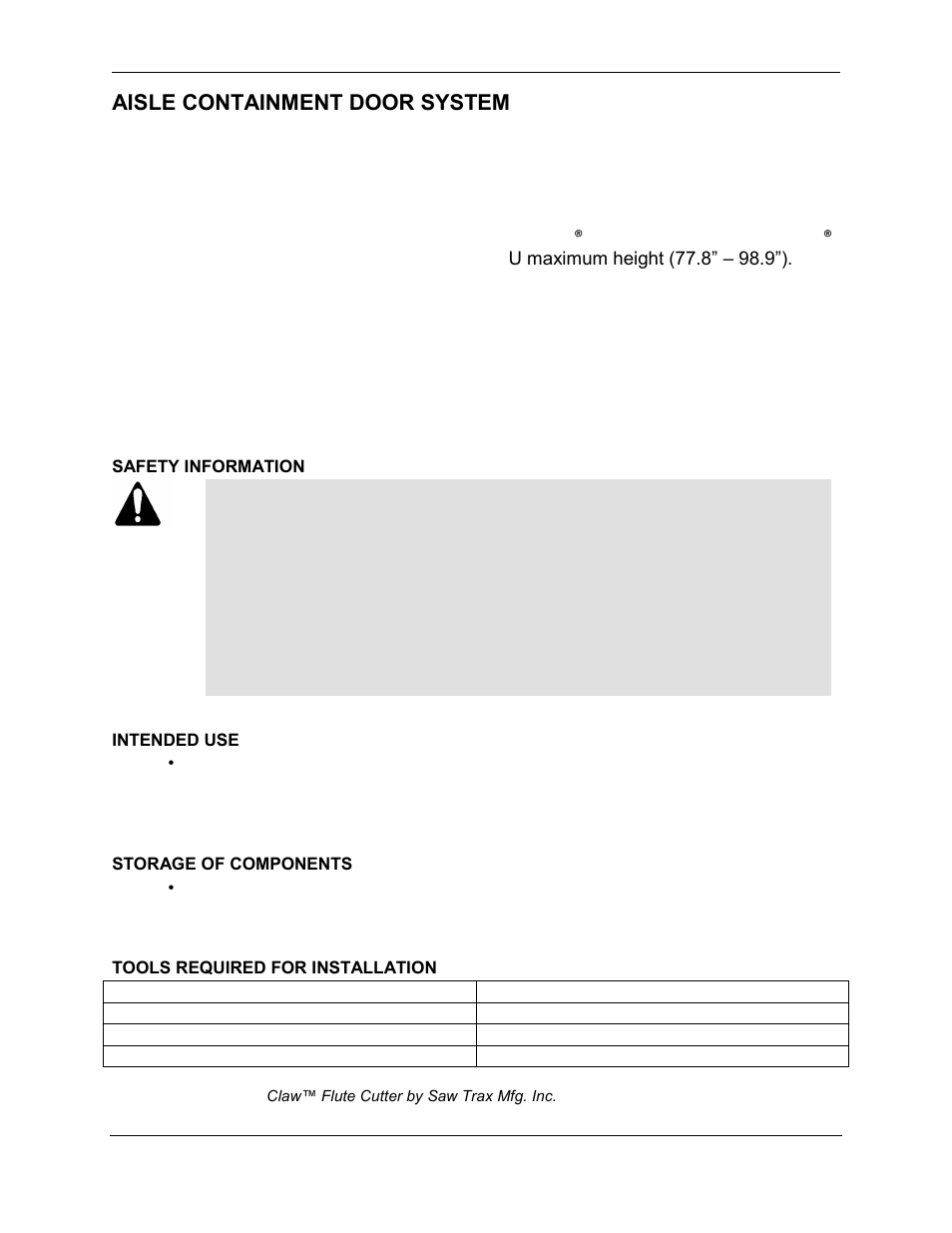 Aisle containment door system, Introduction to the aisle containment door systems, Safety information | Intended use, Storage of components, Tools required for installation | Chatsworth Products Hot Aisle Containment User Manual | Page 5 / 52