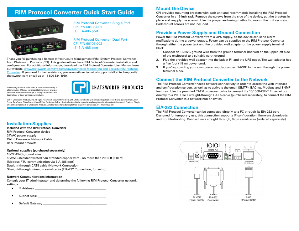 Chatsworth Products Remote Infrastructure Management System Protocol Converter User Manual | 2 pages