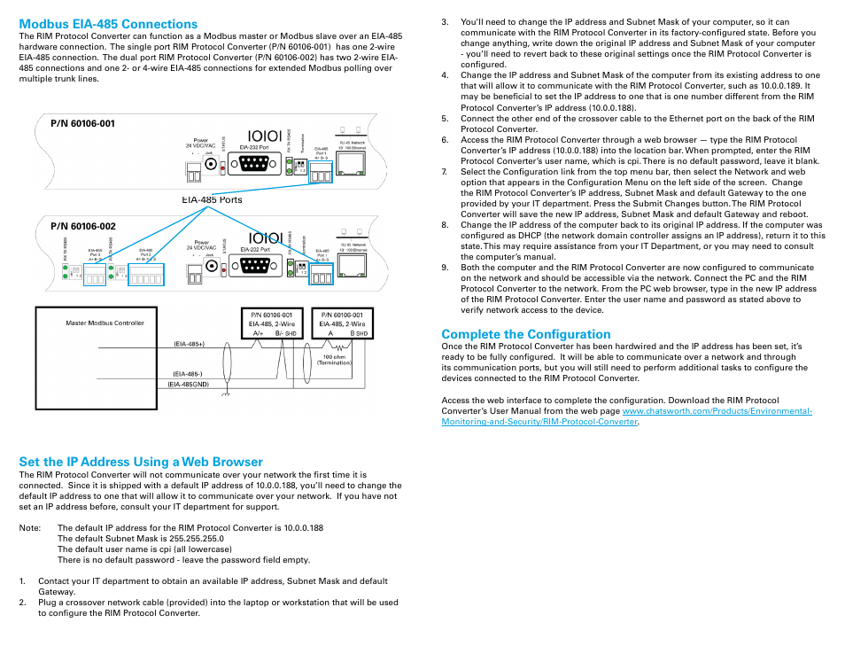 Complete the configuration, Set the ip address using a web browser, Modbus eia-485 connections | Chatsworth Products Remote Infrastructure Management System Protocol Converter User Manual | Page 2 / 2
