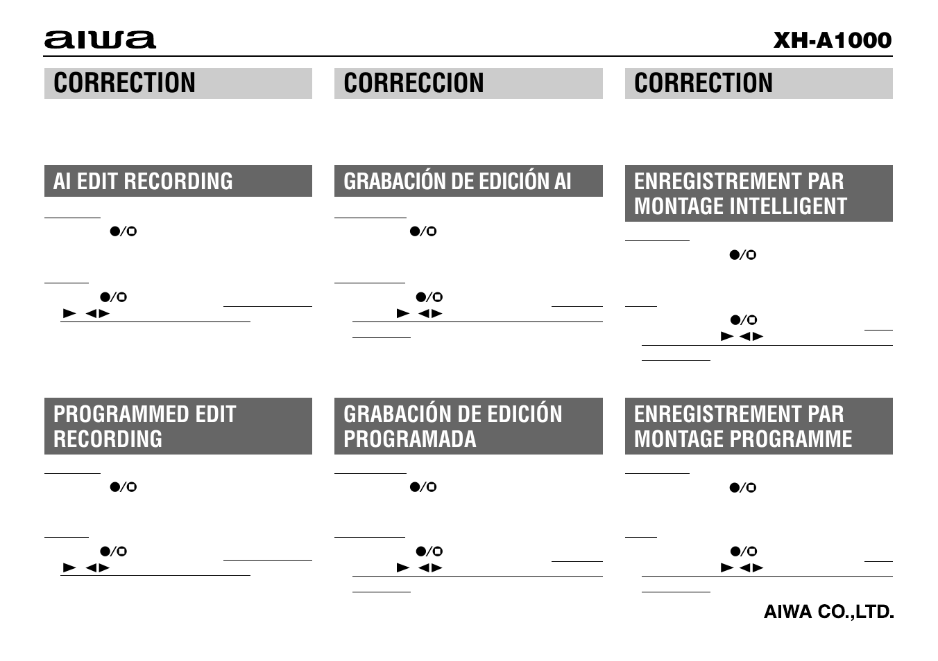 Correction, Correccion, Ai edit recording | Programmed edit recording, Xh-a1000, Enregistrement par montage intelligent, Enregistrement par montage programme, Grabación de edición ai, Grabación de edición programada | Aiwa XH-A1000 User Manual | Page 2 / 101