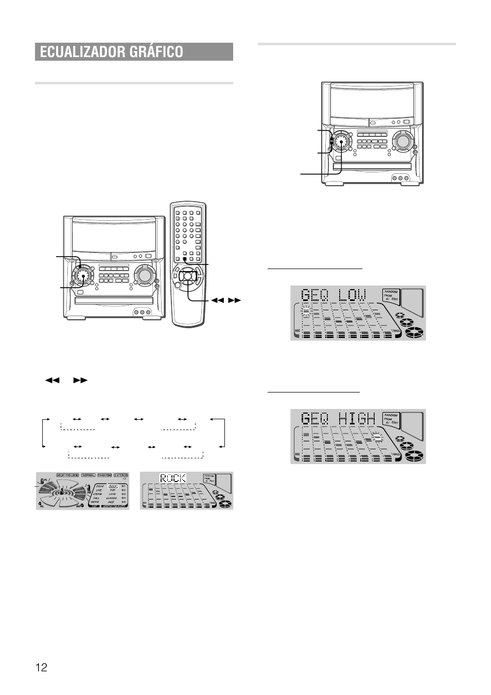 Ecualizador gráfico, Selección de la curva de ecualización programada, Ajuste manual de una curva de ecualización nueva | Aiwa XH-A1000 User Manual | Page 47 / 101