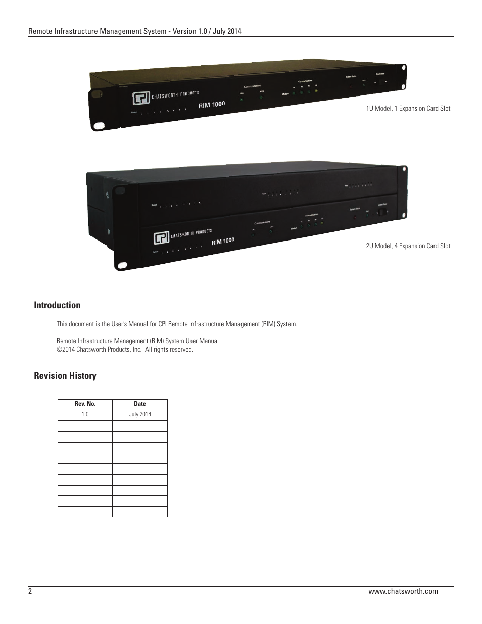 Introduction, Revision history | Chatsworth Products Remote Infrastructure Management (RIM-1000) User Manual | Page 2 / 214