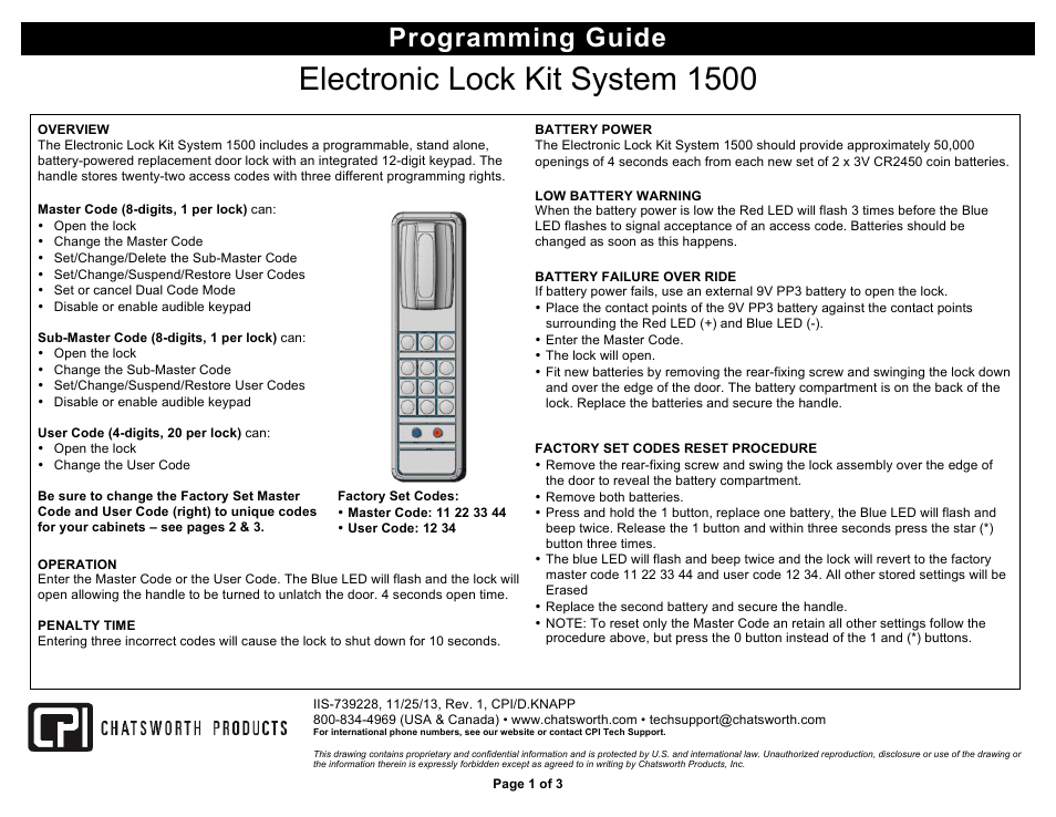 Chatsworth Products Electronic Lock Kits System1500 User Manual | 3 pages