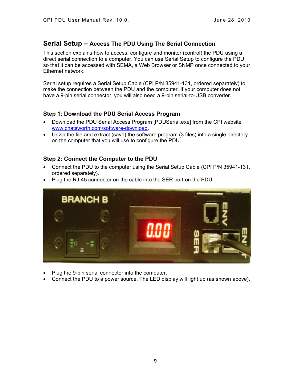 Step 1: download the pdu serial access program, Step 2: connect the computer to the pdu, Erial | Etup, Ccess, Sing, Onnection, Serial setup | Chatsworth Products Additional Power Distribution Units User Manual | Page 11 / 38