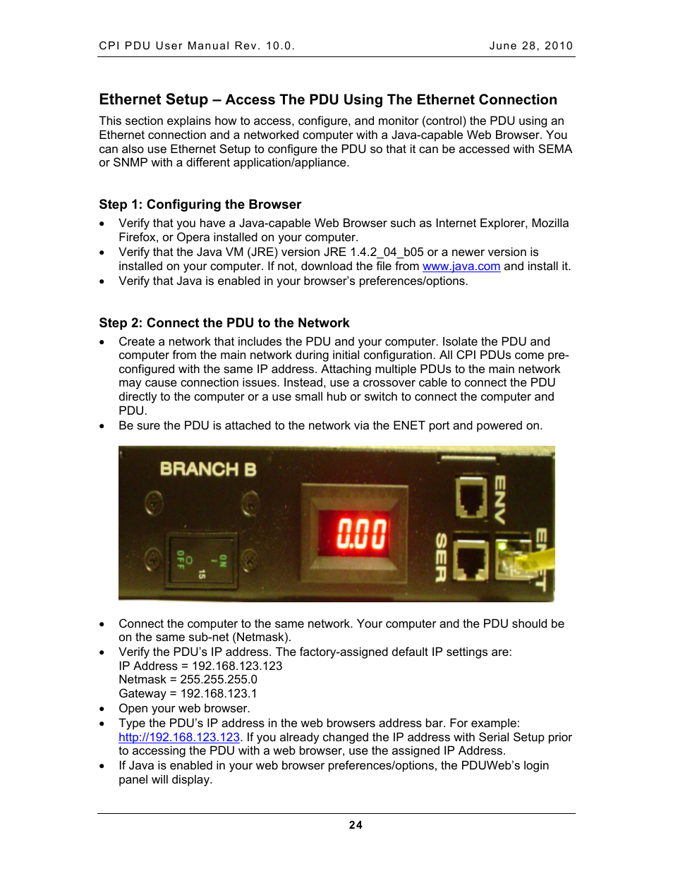 Step 1: configuring the browser, Step 2: connect the pdu to the network, Thernet | Etup, Ccess, Sing, Onnection, Ethernet setup | Chatsworth Products Additional Power Distribution Units User Manual | Page 26 / 38