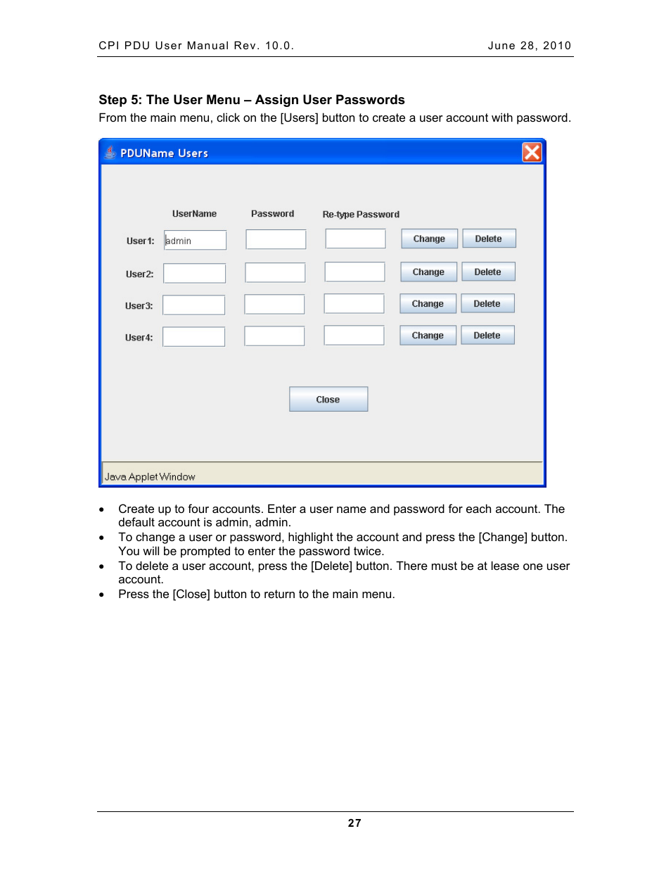 Step 5: the user menu – assign user passwords | Chatsworth Products Additional Power Distribution Units User Manual | Page 29 / 38