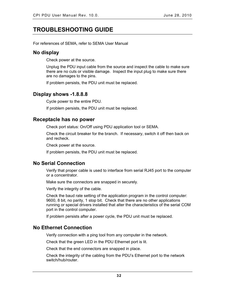 Troubleshooting guide, No display, Display shows -1.8.8.8 | Receptacle has no power, No serial connection, No ethernet connection, O display, Isplay shows, Eceptacle has no power, Erial | Chatsworth Products Additional Power Distribution Units User Manual | Page 34 / 38