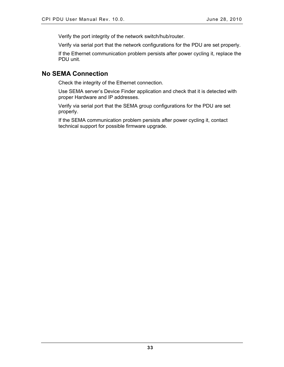 No sema connection, Sema, Onnection | Chatsworth Products Additional Power Distribution Units User Manual | Page 35 / 38