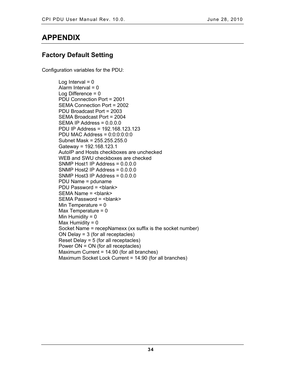 Appendix, Factory default setting, Actory | Efault, Etting | Chatsworth Products Additional Power Distribution Units User Manual | Page 36 / 38