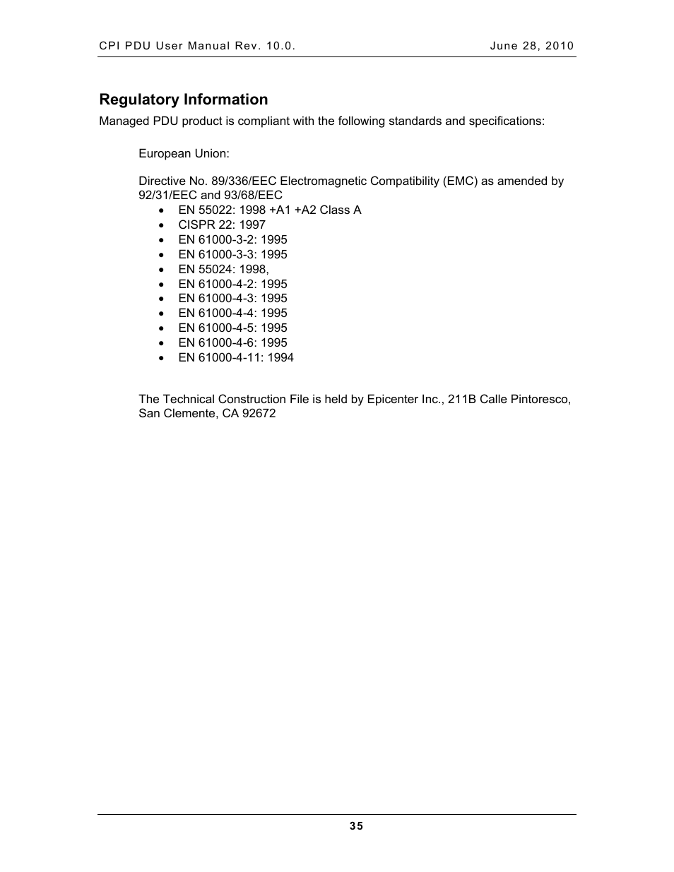 Regulatory information, Egulatory, Nformation | Chatsworth Products Additional Power Distribution Units User Manual | Page 37 / 38