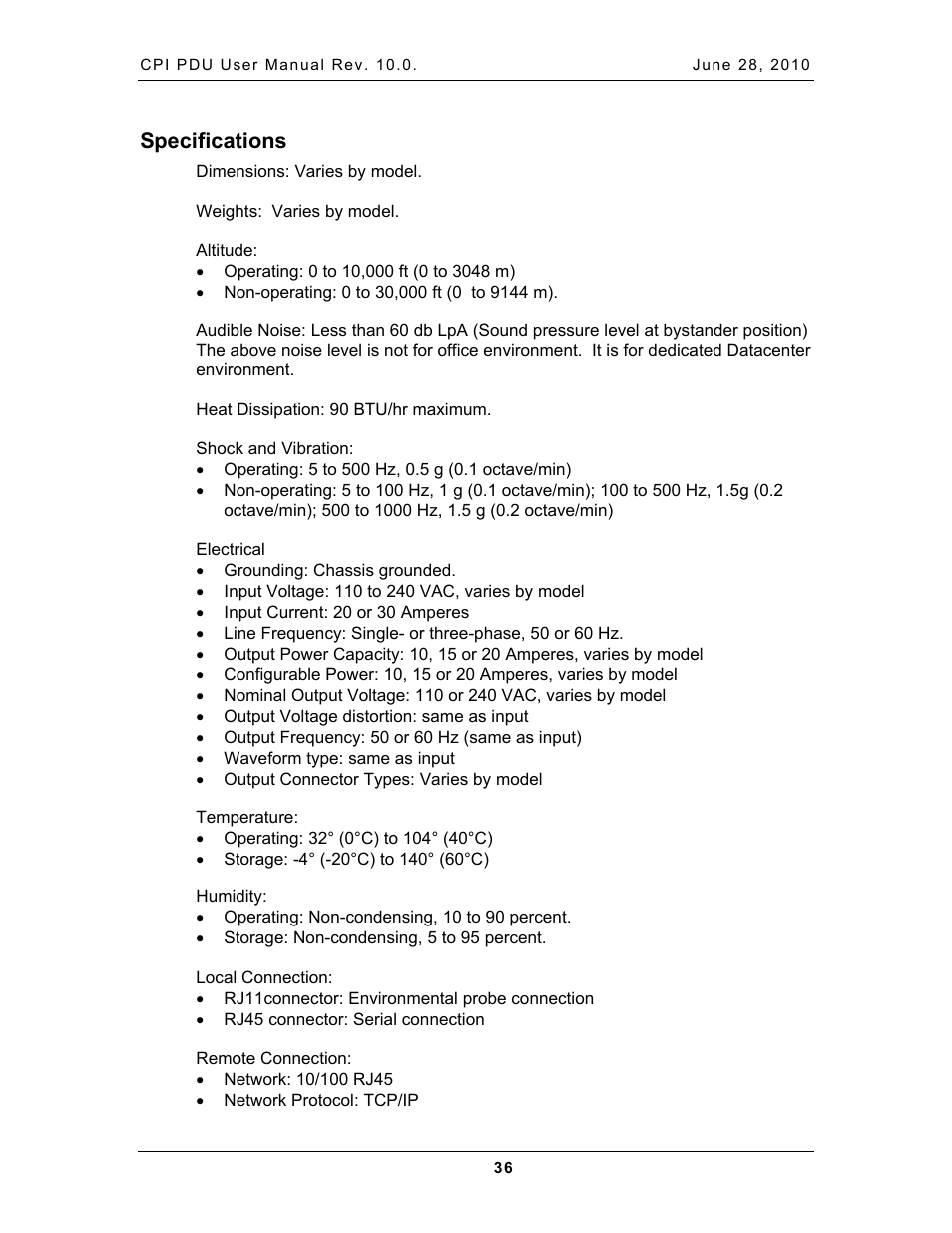 Specifications, Pecifications | Chatsworth Products Additional Power Distribution Units User Manual | Page 38 / 38
