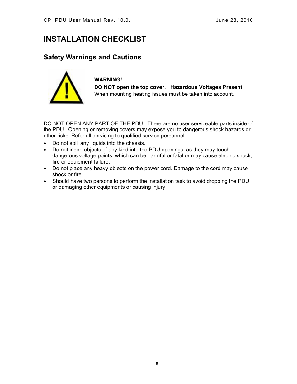 Installation checklist, Safety warnings and cautions, Afety | Arnings and, Autions | Chatsworth Products Additional Power Distribution Units User Manual | Page 7 / 38
