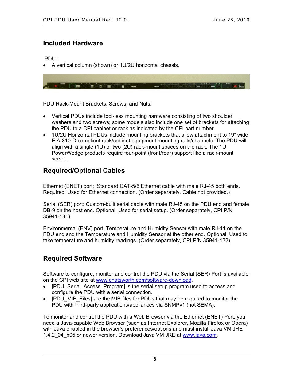 Included hardware, Required/optional cables, Required software | Ncluded, Ardware, Equired, Ptional, Ables, Oftware | Chatsworth Products Additional Power Distribution Units User Manual | Page 8 / 38