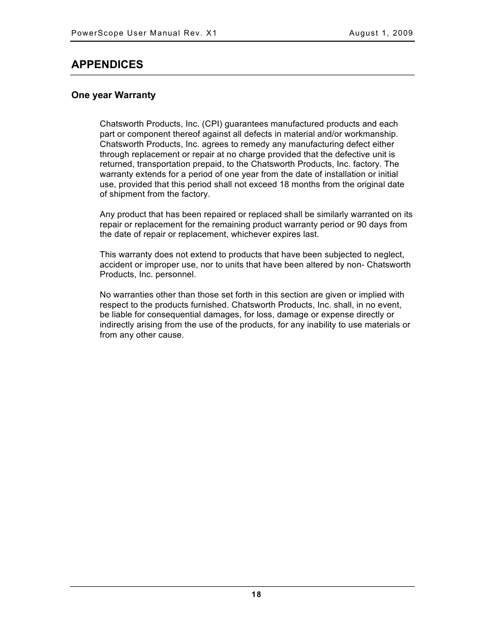 Appendices | Chatsworth Products PowerScope In-Line Meter User Manual | Page 20 / 22