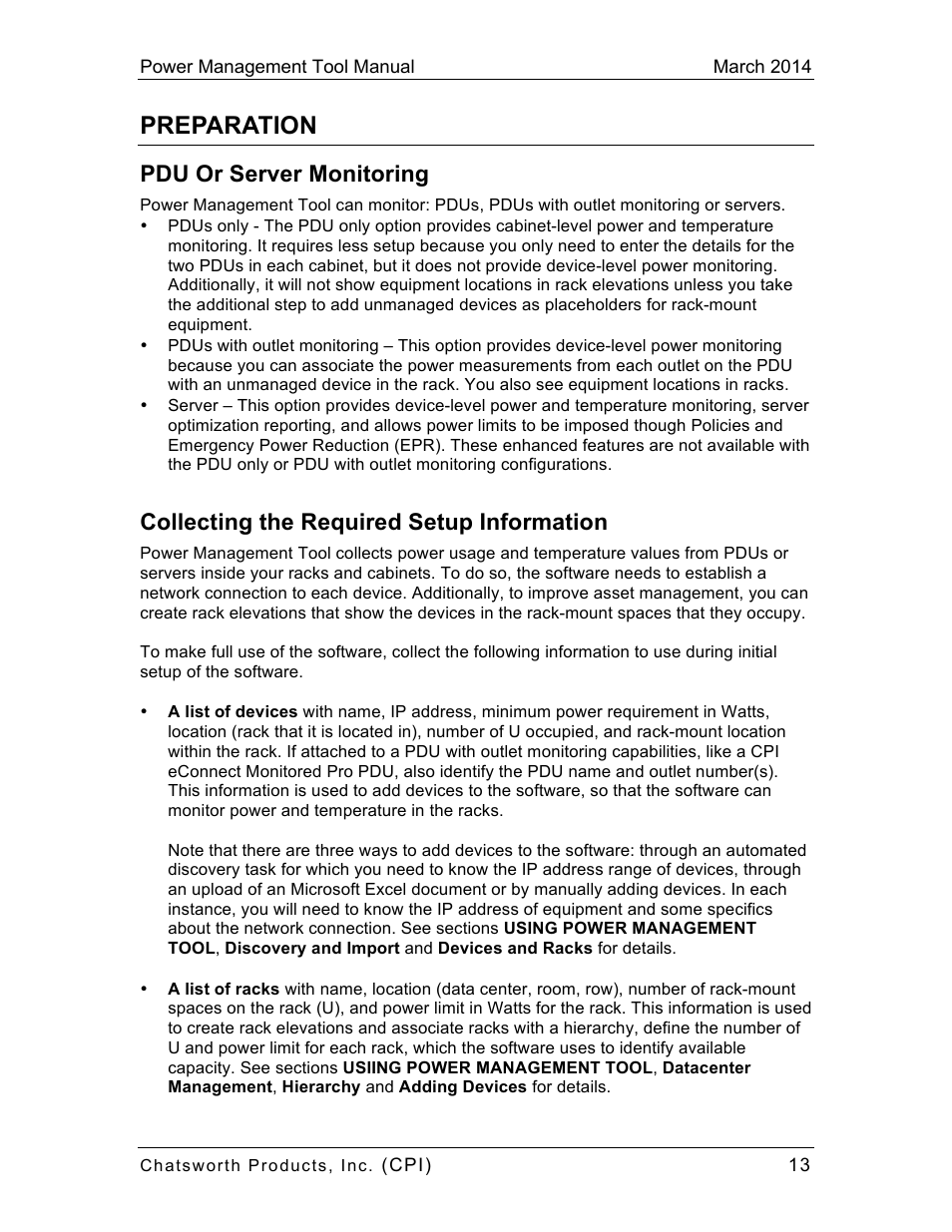 Preparation, Pdu or server monitoring, Collecting the required setup information | Chatsworth Products CPI Power Management Tool User Manual | Page 13 / 92